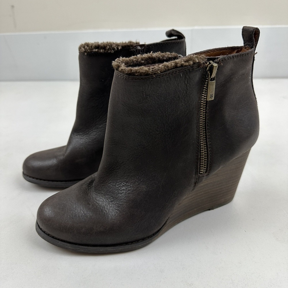 Lucky Brand Yorque Wedge Boots Size 9.5 Brown Leather Faux Fur Lined Side Zip - Picture 2 of 12